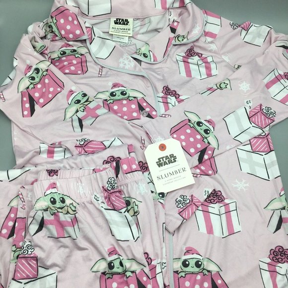 2pc Slumber Munki Christmas Baby Yoda Women Pajama Set Pink Santa Hat Snow S M L - Picture 3 of 11